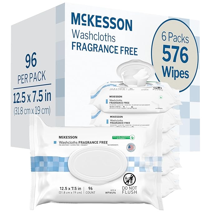 McKesson Washcloth Wipes, Unscented - Disposable Wet Wipes for Adults - Fragrance-Free, Alcohol-Free - No-Rinse Formula - Snap Lid Soft Pack, 96 Count, 6 Packs, 576 Total