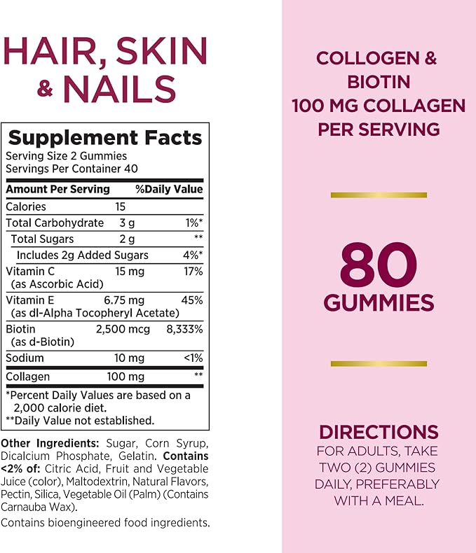 Nature's Bounty Hair, Skin & Nails with Biotin and Collagen, Citrus-Flavored Gummies Vitamin Supplement, Supports Hair, Skin, and Nail Health for Women, 2500 mcg, 80 Ct (2 Pack), 80 Total Servings