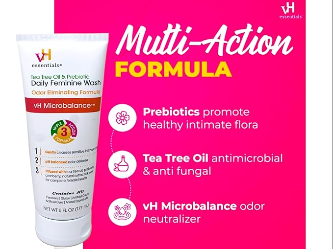 vH essentials Intimate Feminine Wash, pH Balanced with Tea Tree Oil, Cranberry, Prebiotics Odor Eliminating Formula, 6 FL OZ - 3 Pack