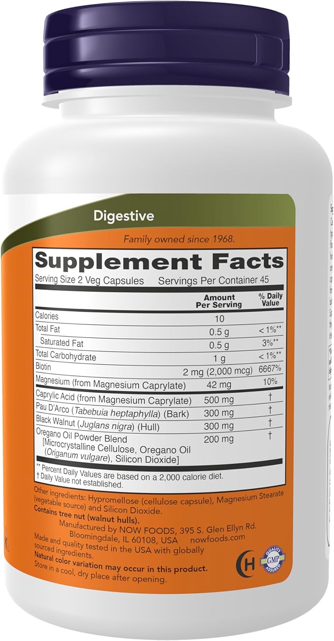 NOW Supplements, Bacillus Support with Pau D'Arco, Oregano Oil, Black Walnut & Caprylic Acid, 90 Veg Capsules