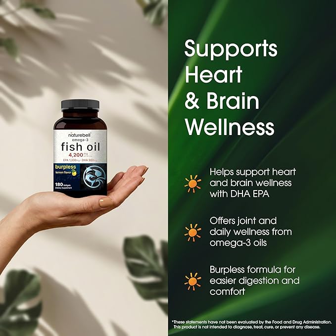 NatureBell Omega-3 Fish Oil - 180 Softgels - Support for Joint, Brain & Heart Health* - with EPA & DHA - No Burps or Fishy Aftertaste - Non-GMO & Mercury-Free Formula - Lemon Flavor