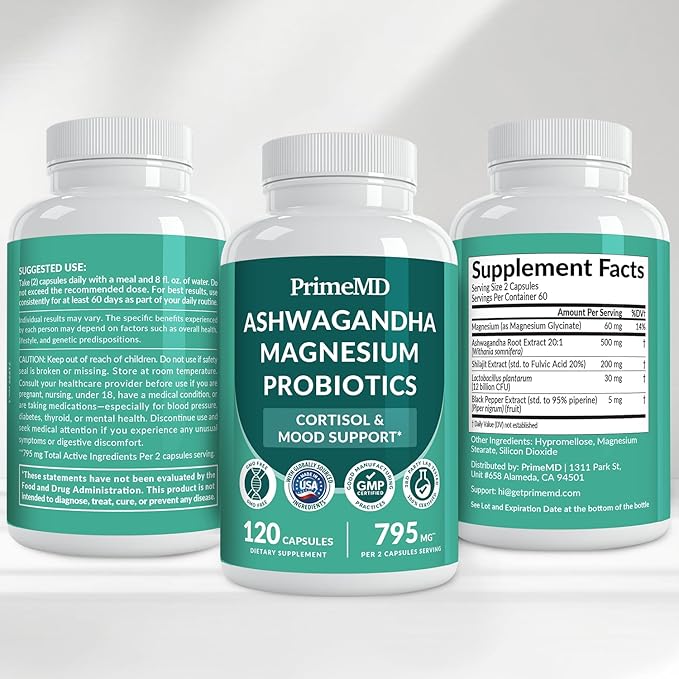 PrimeMD 5-in-1 Cortisol Supplement for Women and Men with Ashwagandha for Calmness, Focus, and Adrenal Support Supplements with Shilajit Extract, Magnesium Glycinate, Probiotics (120 ct) (Pack of 4)