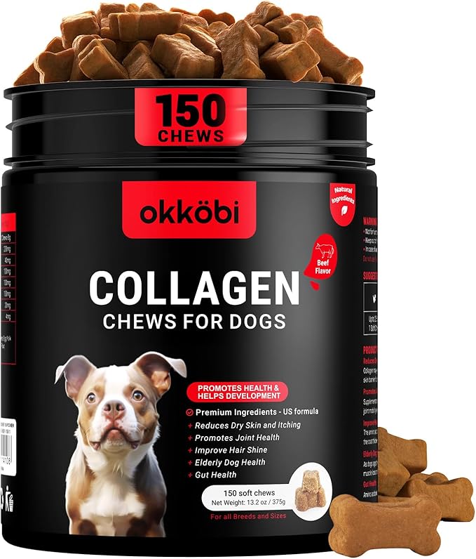 Collagen for Dogs - 150 Chews - Joint, Skin & Coat Supplement with Hyaluronic Acid, Eggshell Membrane & Vitamin C - Daily Hip & Joint Support for Senior Dogs & Puppies - Beef