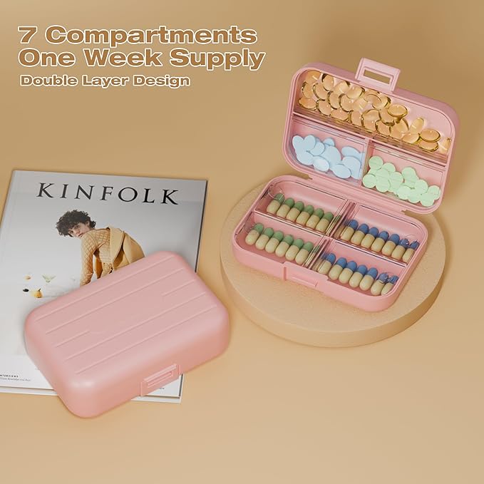 Travel Pill Box, Double Layer 7-Compartments Large Pill Organizer, 4.3" x 3.1" x 1.4" Portable Weekly Pill Case Container for Pocket, 7 Day Compact Medicine Holder for Vitamins, Fish Oils Pink
