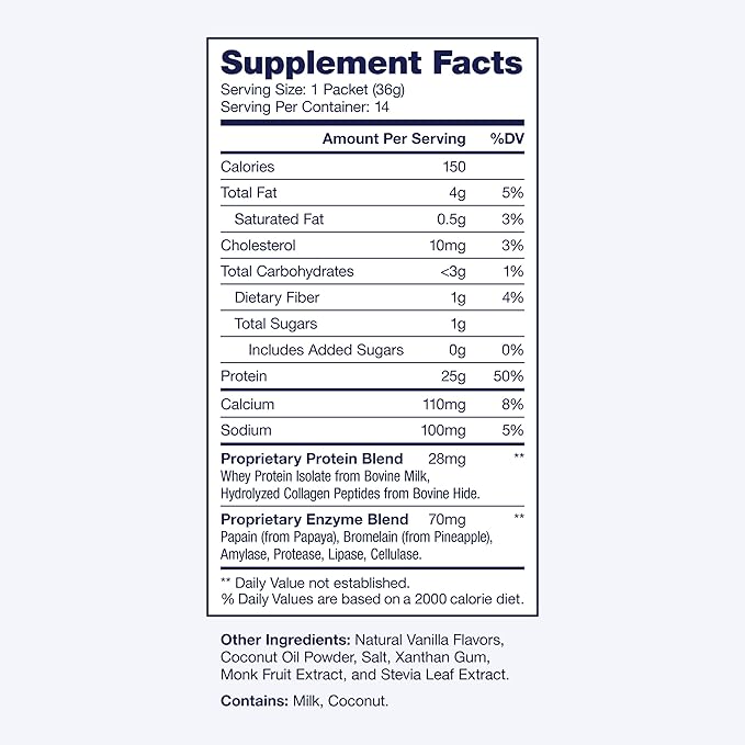 SoWell GLP-1 Protein Vanilla Powder with Whey Collagen and Digestive Enzymes for Muscle Mass, Skin, Hair, Nails and Digestion Support, 14 Stick Packs