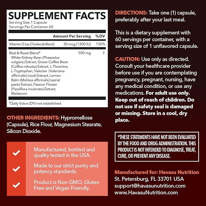 Night Time Fat Burner Capsules for Men and Women - Appetite Suppressant for Weight Loss with White Kidney Bean - 60 Count - Metabolism Booster with Melatonin for Sleep Support - 2-Month Supply