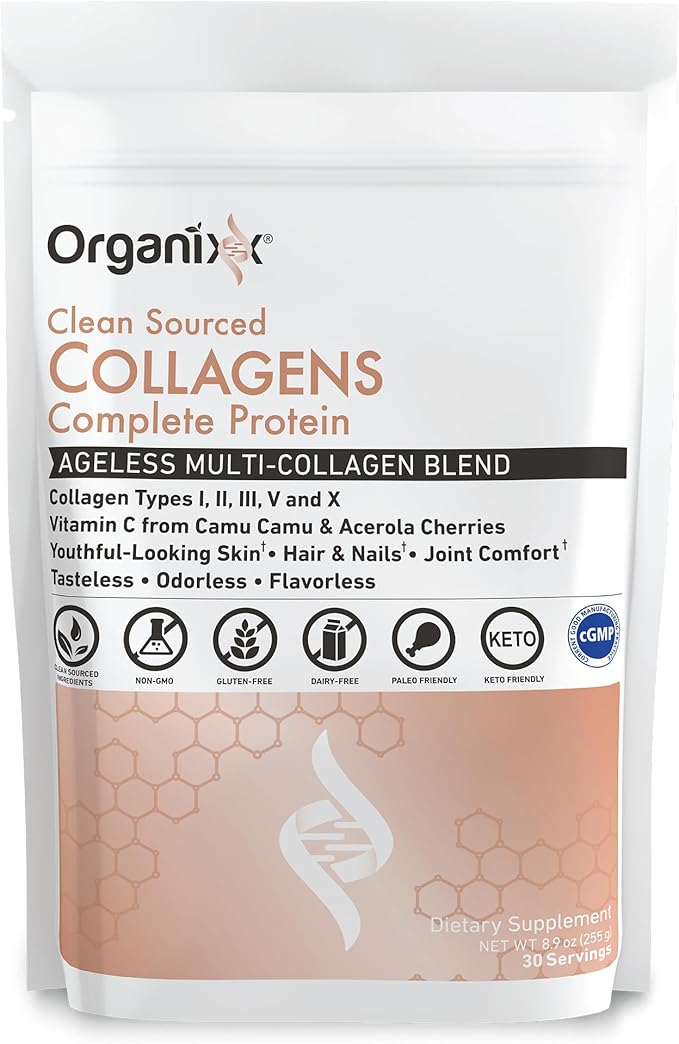 Organixx Clean Sourced Collagen Peptides Powder with Vitamin C, Types I, II, III, V, X Hydrolyzed Collagen, Hair, Nail, Skin, Bone & Joint Health, Aging Support, Gluten Free, Unflavored, 30 Servings