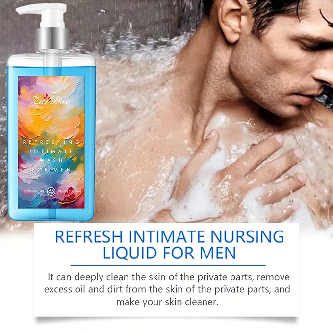 Refresh Gentle Intimate Wash for Men, Daily Cleanser with Lactic Acid & Menthol, pH Balanced for Sensitive Skin, Blue, 10.14 fl oz