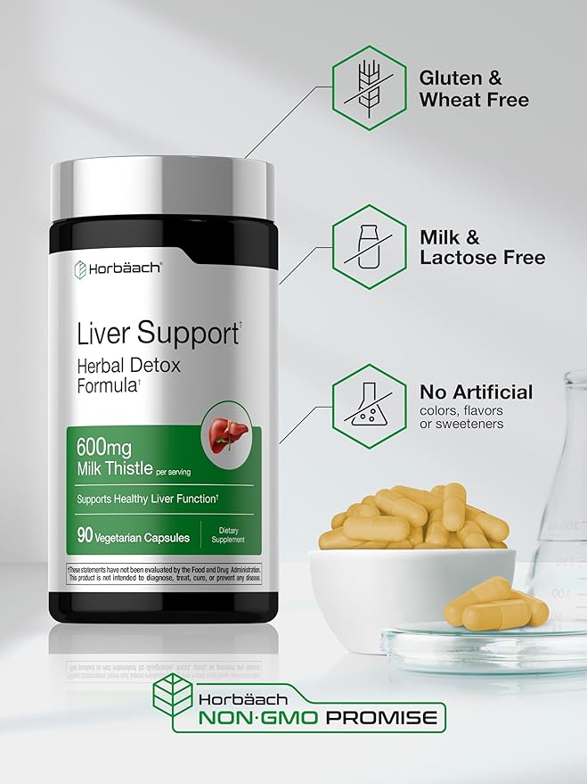 Horbäach Liver Support | 600 mg Milk Thistle | 90 Vegetarian Capsules | Herbal Detox Formula | Non-GMO, Gluten Free