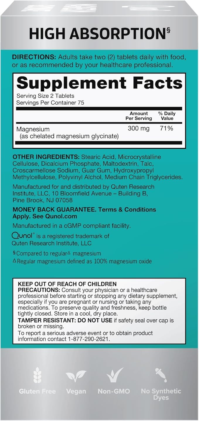 Qunol Magnesium Glycinate 300mg,100% Glycinate Chelated Magnesium Supplement,150ct Tablets,(Pack of 2)