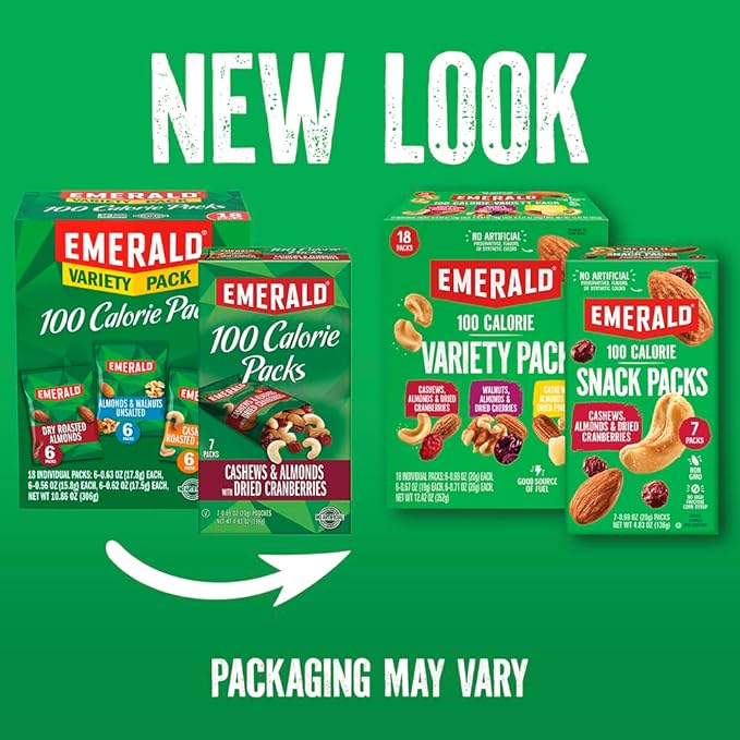 Emerald Nuts Mixed Nuts Variety Pack 18ct (2-Pack), 100-Calorie Individual Packs, Features Dry Roasted Almonds, Natural Almonds & Walnuts, and Roasted & Salted Cashews