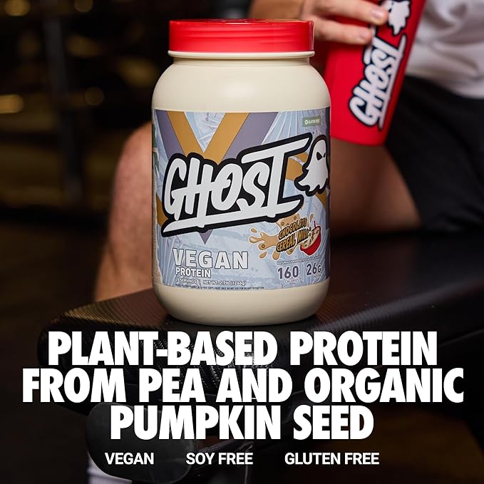 GHOST Vegan V2 Protein Powder, Chocolate Cereal Milk – 2.7LB Tub, 26G of Protein - Plant-Based Pea & Organic Pumpkin Blend Protein with Fiber & Iron - Flavored Post Workout Shakes - Soy & Gluten Free