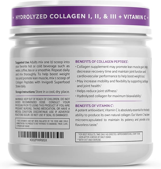 INVIGOR8 Collagen Peptides Powder Hydrolyzed with Vitamin C Type I, II, & III Unflavored Non-GMO Grass-Fed Supplement Supports Joints, Skin, Hair, Nails and Anti-Aging 12.4g