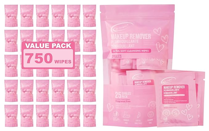 Air Jungles Makeup Remover Wipes Singles Wrapped 30 Pack, 750 Singles, Extra Large 6" x 8", Fragrance-Free, Removes Makeup and Oil, Ultra Soft Cleansing Wipes, Alcohol Free