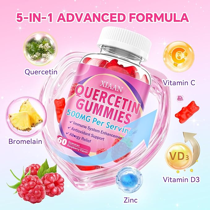 Quercetin Gummies 500mg for Kids & Adults, Organic Quercetin Supplements with Bromelain Zinc Vitamin C and D3 Support Antioxidant & Immune System Health, Raspberry Flavor 60 Count