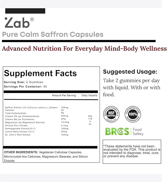 ZAB Saffron Supplements Gummies, Saffron & Rhodiola Rosea Extract Sugar-Free Supplement with Vitamin D3 & B6, Support Mood, Focus, Eye for Men & Women, 60 Gummies, 30 Servings