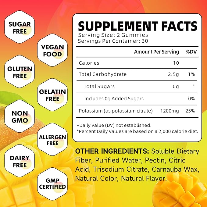 Potassium Citrate Gummies, High Potassium Supplement Gummies 1200mg for Adults & Kids, Support Leg Cramps & Muscle Health, Vegan, Mango Flavor 60 Count