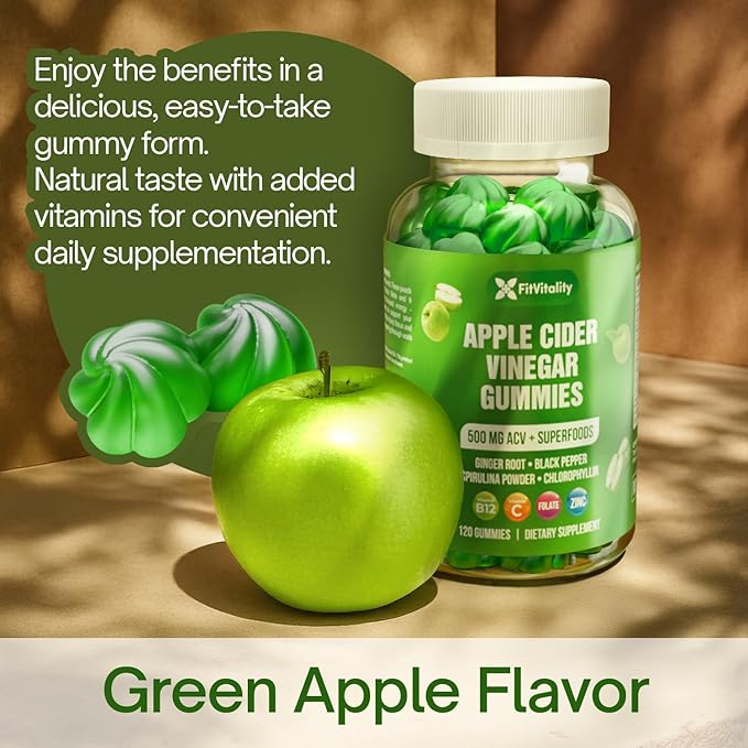 120 Premium Apple Cider Vinegar (ACV) Gummies, Formulated with Vitamin B12, Zinc, Ginger & Vitamin C,120 | Vegan - Gluten Free - Non GMO