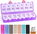 Foldable Pill Organizer 2 Times a Day w/Etched Labels -Dual Protection & Portable Weekly AM PM Pill Box, 7 Day Medicine Container, Large Travel Pill Case for Daily Supplement Vitamin -Clear Purple