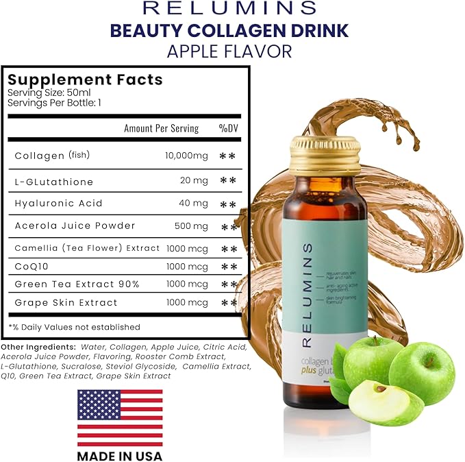 Relumins World's Most Advanced Collagen Drink - 10,000mg w/Glutathione & Antioxidants | USA's No.1 Liquid Collagen, Anti-Aging Spring Glow Essentials | Apple Flavor | Made in USA - 30 Bottles