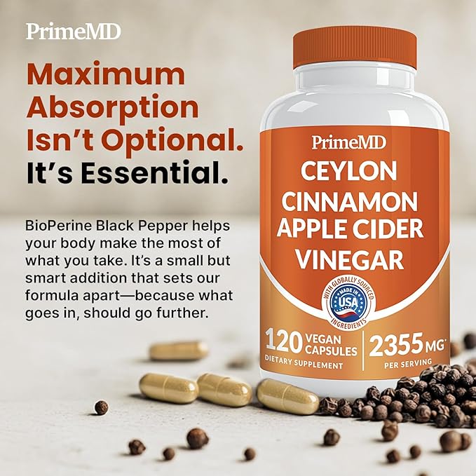 5-in-1 Ceylon Cinnamon Capsules 2355mg - Apple Cider Vinegar Capsules with Turmeric, Panax Ginseng & Bioperine - Cinnamon Supplements for Women & Men - Non-GMO, Vegan, Gluten-Free (120 Ct) (4-Pack)