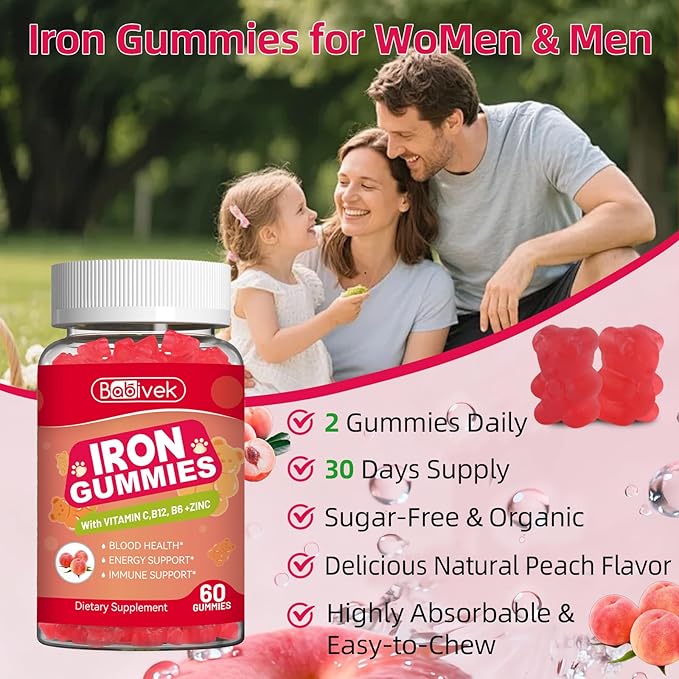 Iron Supplement Gummies for Women & Men - Iron Gummies with Folate Vitamin C B12 B6 Zinc, Peach Flavor, Vegan 60 Gummies
