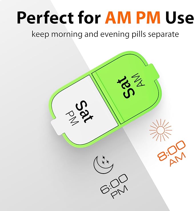 Extra Large Weekly Pill Organizer - XL Vitamin Holder with 7 Detachable AM PM Compartments - Portable Medicine Dispenser for Home and Travel, Big Supplement Container for Weekly or Daily Use, Green