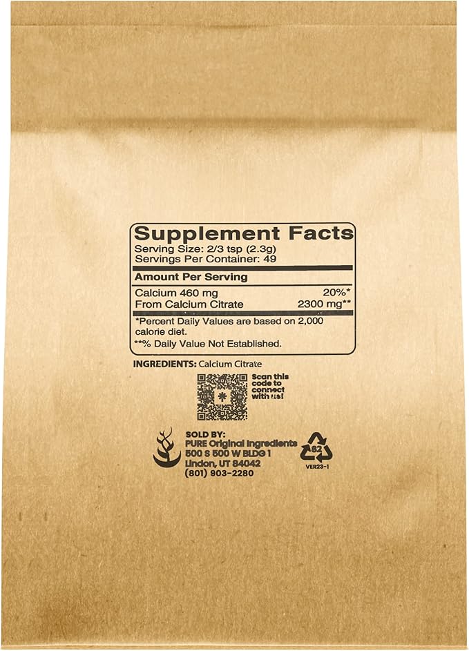 Pure Original Ingredients Calcium Citrate (4oz) Calcium Supplement, No Additives or Fillers