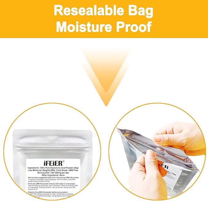 iFEiER Hyaluronic Acid Powder | Low Molecular Weight Food Grade Hyaluronic Acid | 50g(1.76oz) Sodium Hyaluronate Powder | HMW LMW HA | Skin Hydration and Joint Lubrication Supplements
