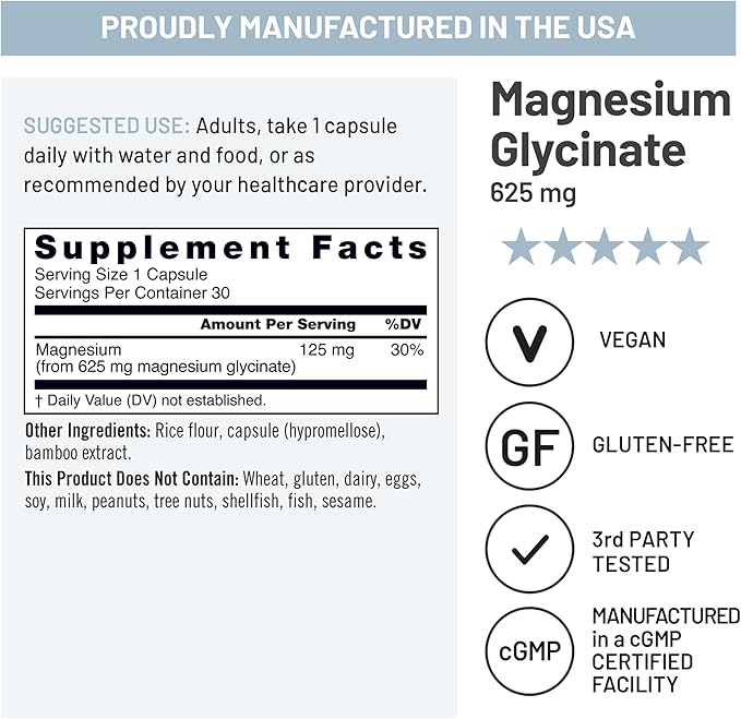 NatureWise Magnesium Glycinate 625 mg - High Absorption Chelated Magnesium Glycinate for Sleep, Relaxation, Muscle & Bones* - Gentle on Stomach, Vegan, Non-GMO - 30 Capsules[30-Day Supply]