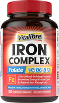 Iron Supplement for Women & Men, with Vitamins C, B6, B12 & Folate for Iron Deficiency, Blood Building & Energy Support, Stomach Friendly, Better Absorption, Non-GMO, No Gluten, 180 Vegan Caps
