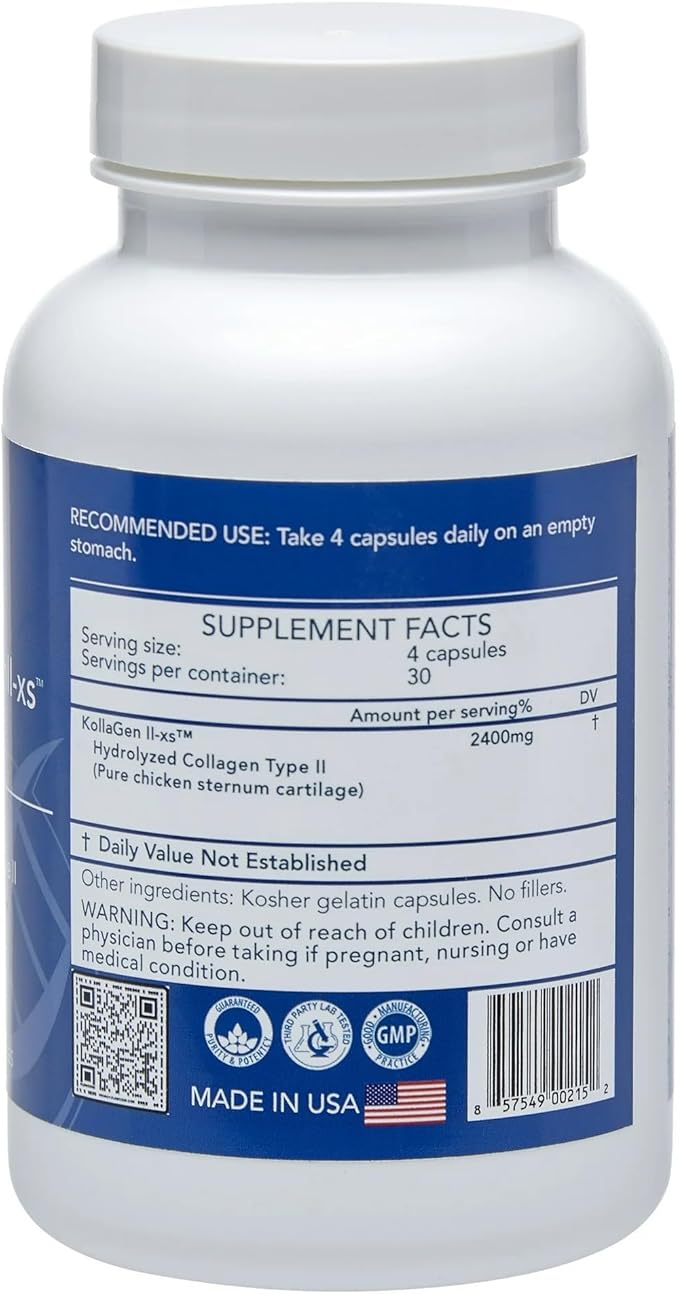 Longevity by Nature Extra Strength KollaGen II-XS- Collagen Type II with Hyaluronic Acid, Chondroitin, and Glucosamine – Joint Support, 120 Capsules.