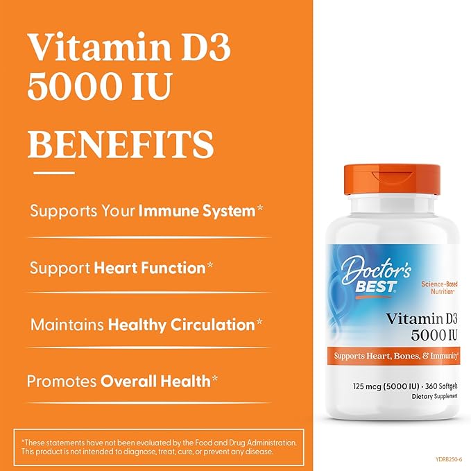 Doctor's Best Vitamin D3 5000 IU Softgels for Men & Women - Vitamin D Supplement for Immune System & Heart Health Support, 125 mcg per Serving, VIT D 3, Non GMO, Gluten Free, Soy Free - 360 Softgels