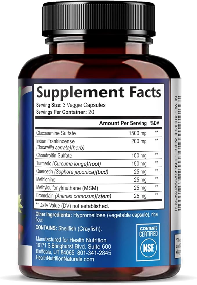 Glucosamine Chondroitin MSM Complex - 3X Strength Joint Support Supplement with Glucosamine Sulfate, Turmeric, Boswellia - For Cartilage, Mobility & Flexibility - Bottled in USA, 60 Capsules