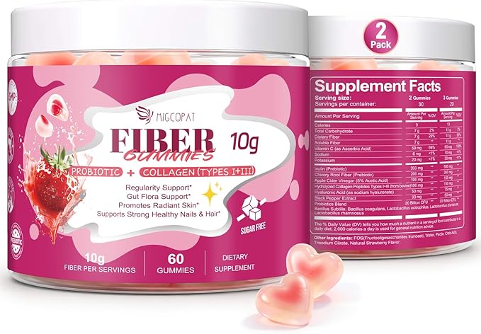 Migcopat 10G Fiber Gummies, with Collagen Peptides, Hyaluronic Acid, Vitamin C, ACV & 30 Billion CFU Probiotics – Sugar Free Collagen Gummies for Skin, Hair & Nails – Digestive Support – 120 Cts