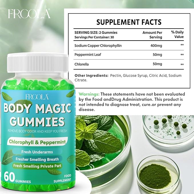 Body Magic Gummies, Chlorophyll Supplement with Peppermint & Chlorella - 60 Gummies, Lychee Flavor, Plant-Based Pectin, Supports Overall Wellness & Freshness