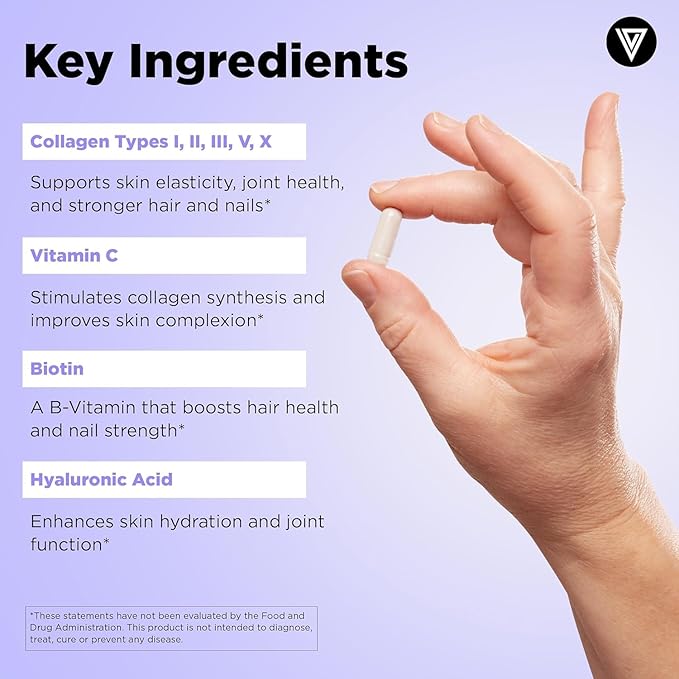 Vital Vitamins Multi Collagen Plus Capsules (2-Pack) - with Biotin, Hyaluronic Acid, Vitamin C - Type I, II, III, V, X Peptides - Collagen Supplements for Men & Women - Hair, Skin, Nails Complex