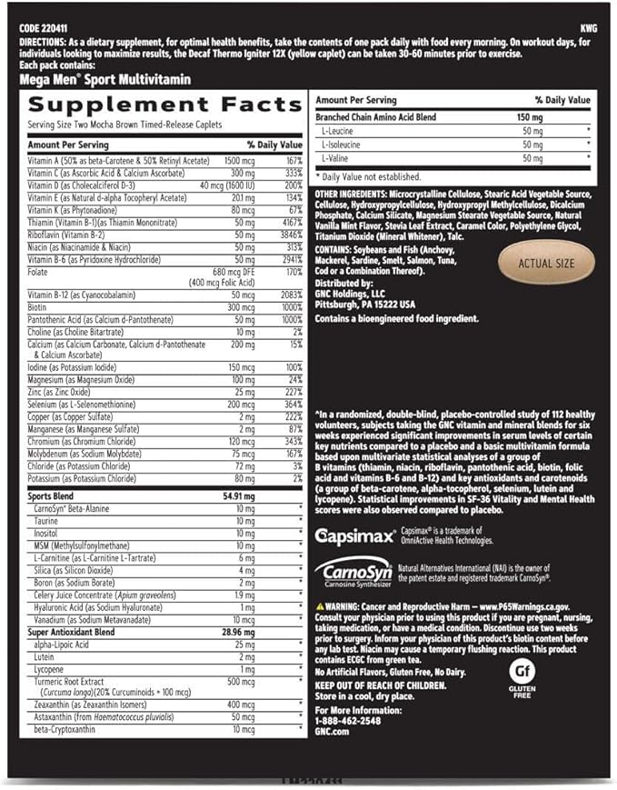 GNC Men's Ripped Clinically Studied Multivitamin Blend, Lean Muscle Support, Non-Stimulant Formula, 30 Servings
