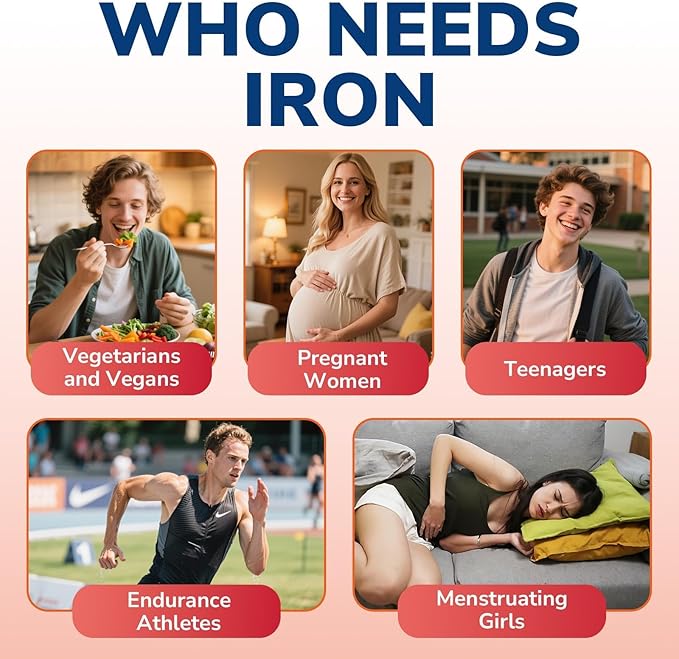 Iron Supplement for Women and Men, Iron Bisglycinate, 65mg Elemental Iron, Non-Constipating, with Vitamins C B6 B12 Folate & Beet Root, 60 Caps