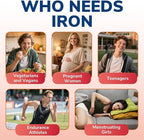 Iron Supplement for Women and Men, Iron Bisglycinate, 65mg Elemental Iron, Non-Constipating, with Vitamins C B6 B12 Folate & Beet Root, 60 Caps