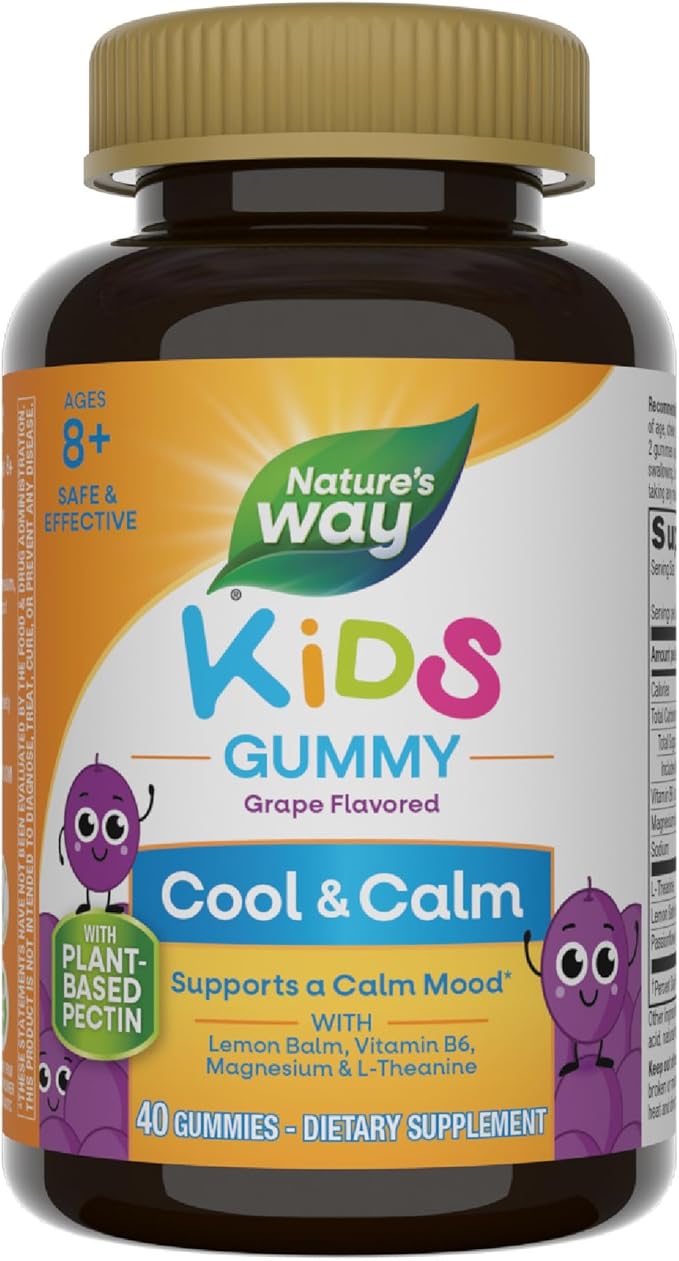 Nature's Way Kids Cool & Calm Gummies, Supports a Calm Mood in Kids Ages 8+*, Lemon Balm, Magnesium, Vitamin B6, L-Theanine, Grape Flavored, Vegetarian, 40 Count (Packaging May Vary)