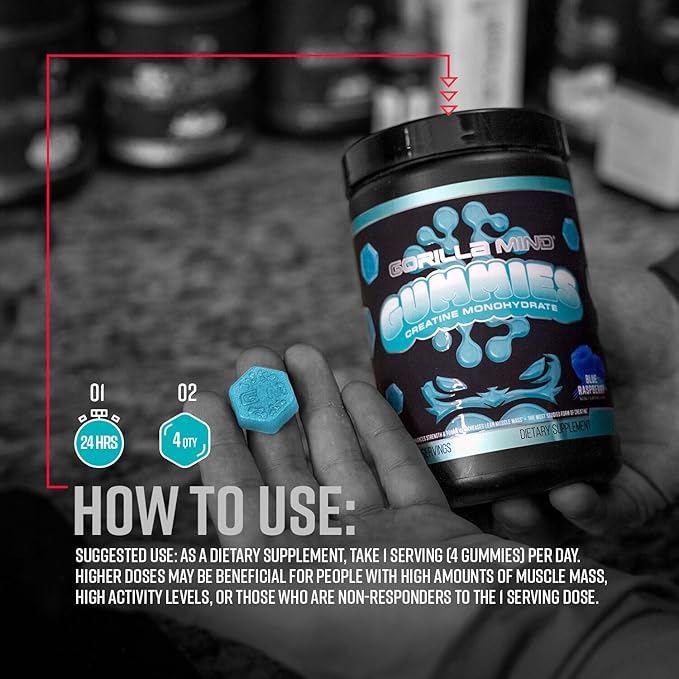 Gorilla Mind Creatine Gummies - Third-Party HPLC Tested | 5g Creapure® Creatine Monohydrate | Verified Potency & Purity | Strength · Power · Lean Muscle | No Added Sugar | Blue Raspberry Flavor
