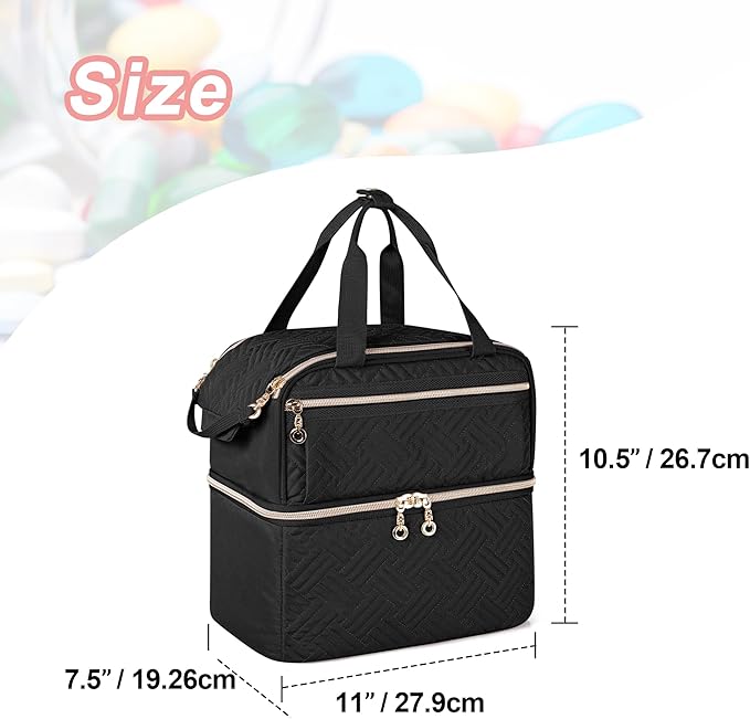 Damero Double Layers Pill Bottle Organizer Empty, Lockable Medicine Storage Bag Medication Travel Bag with 4 Customized Dividers for Prescription Bottles, Medical Supplements,Black