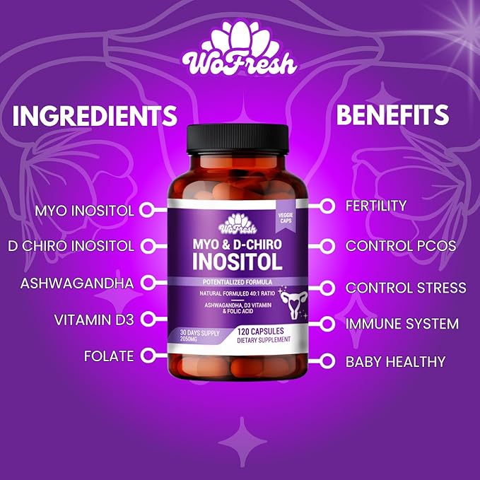 Myo-Inositol & D-Chiro Inositol 40:1 Supplement for Women – Hormone Balance, PCOS Support, Fertility & Ovary Health – with Folic Acid, Vitamin D3 & Ashwagandha – Non-GMO, Vegan, 120 Capsules