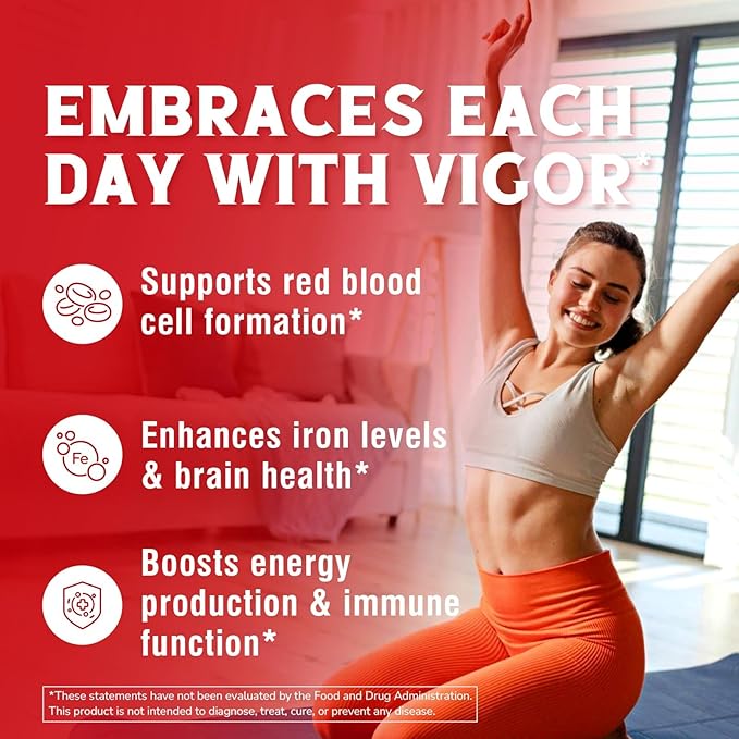 Iron Supplement for Women & Men, with Vitamins C, B6, B12 & Folate for Iron Deficiency, Blood Building & Energy Support, Stomach Friendly, Better Absorption, Non-GMO, No Gluten, 60 Vegan Caps