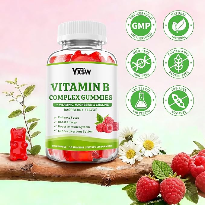 Vitamin B Complex Gummies for Women & Men - Vitamin B12, B1, B2, B3, B5 & B6 -B Complex Vitamin Supplements with Vitamin C,Magnesium & Choline, Raspberry Flavor, 60 Count