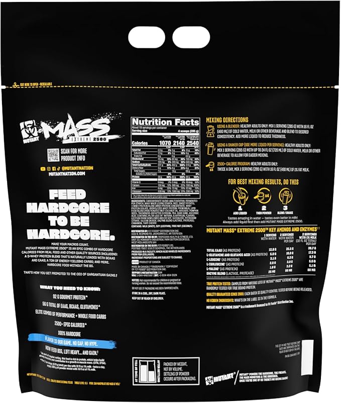 Mutant Mass Extreme 2500 - High Calorie Mass Gainer Whey Protein Powder with Creatine & Amino Acids - Muscle Building & Weight Gain Supplement for Hard Gainers - Vanilla Ice Cream 12 lbs