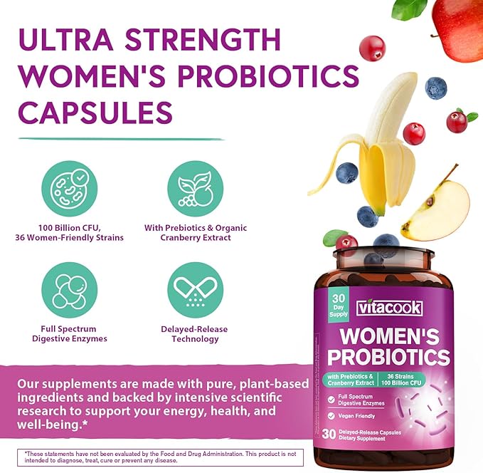 Probiotics for Women 100 Billion CFU 36 Strains, Women's Probiotic with Prebiotics & Digestive Enzymes, Organic Cranberry, Boost Digestive, Vaginal & Urinary Health, 30 Vegan Caps