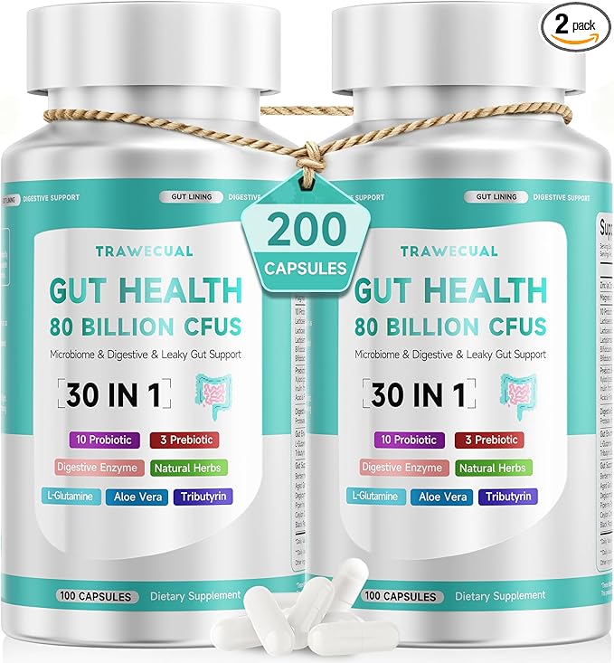 2-Pack Gut Health Capsule Supplement, Supports Microbiome, Leaky Gut, and Digestion, with 80 Billion CFU Probiotics, Prebiotics, Digestive Enzymes, 30-in-1 Gut Health Supplement, 200 Capsules