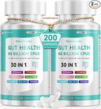 2-Pack Gut Health Capsule Supplement, Supports Microbiome, Leaky Gut, and Digestion, with 80 Billion CFU Probiotics, Prebiotics, Digestive Enzymes, 30-in-1 Gut Health Supplement, 200 Capsules